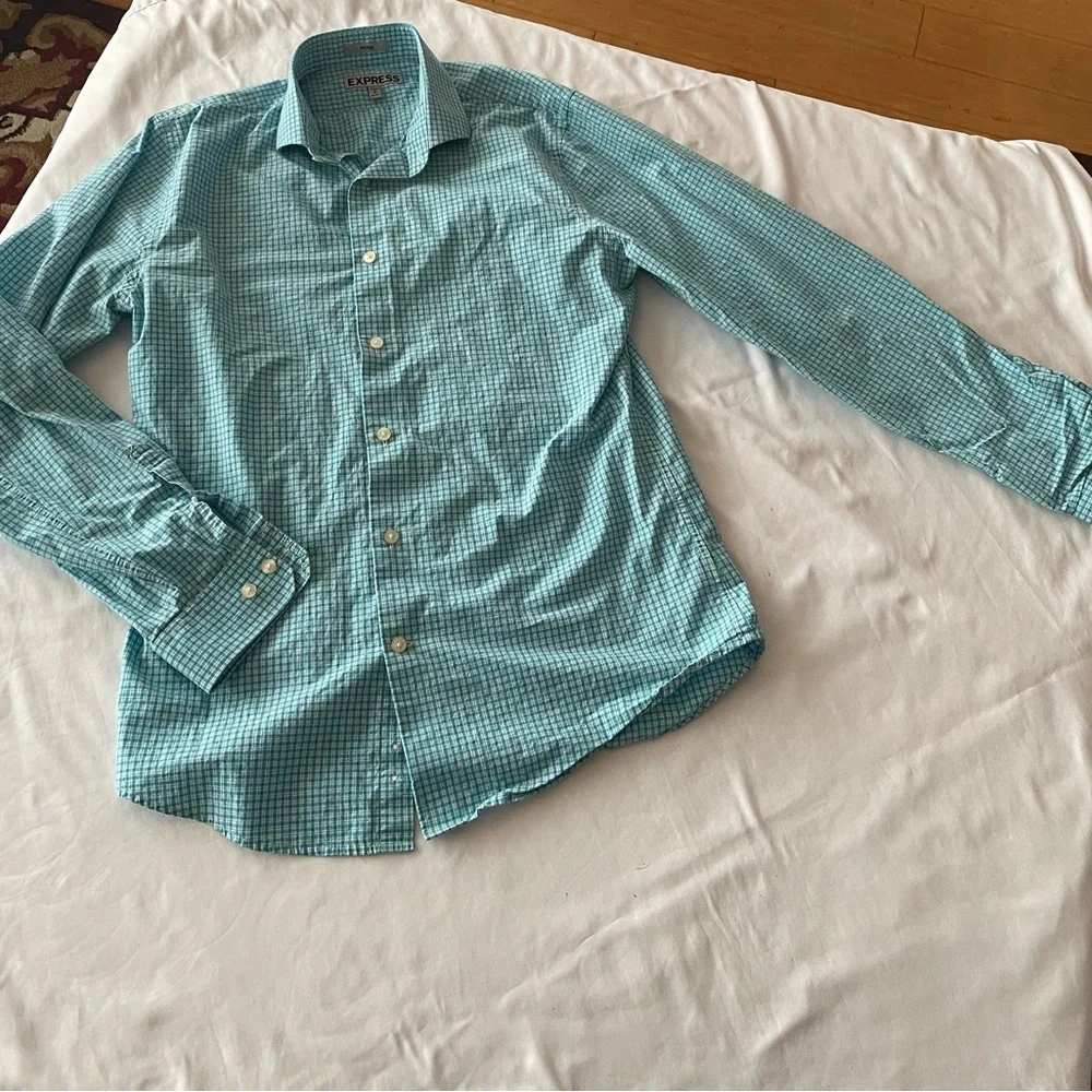 Express Turquoise & White Plaid Men’s Long-Sleeved Shirt, Sz M - Picture 5 of 6